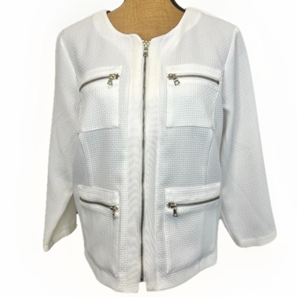 Bob Mackie Wearable Art Textured Zip Up Jacket Summer White Size Large